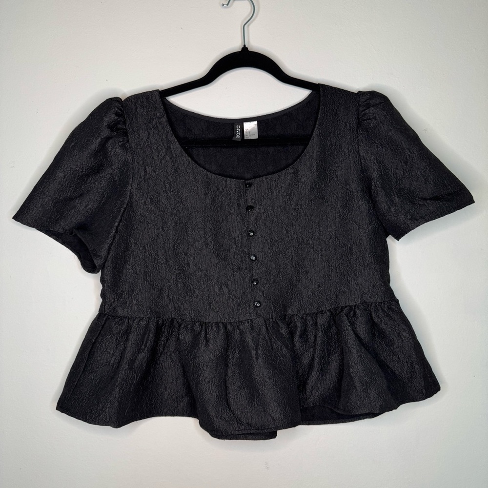 H&M Black Brocade Peplum Blouse Size L